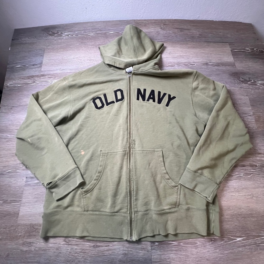 Old Navy Hoodie Mens XL Green Zip Up Distressed Vintage Grunge Logo Sweatshirt